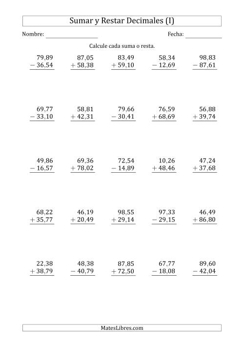 La hoja de ejercicios de Sumar y Restar Centésimas con Dos Dígitos delante del Decimal (rango de 10,01 a 99,99) (I)