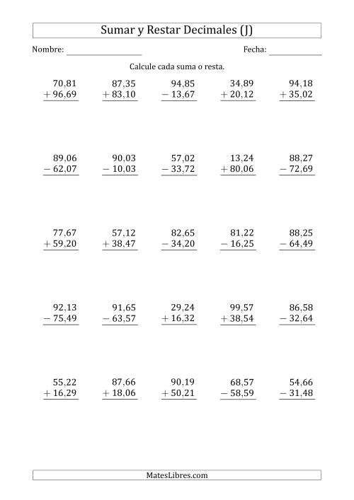 La hoja de ejercicios de Sumar y Restar Centésimas con Dos Dígitos delante del Decimal (rango de 10,01 a 99,99) (J)