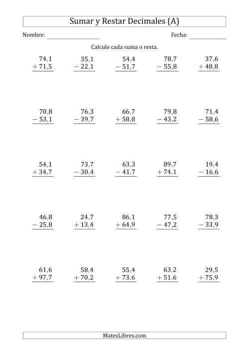 La hoja de ejercicios de Sumar y Restar Décimas con Dos Dígitos delante del Decimal (rango de 10,1 a 99,9) (A)