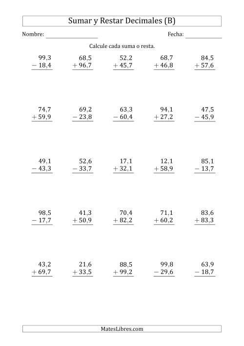 La hoja de ejercicios de Sumar y Restar Décimas con Dos Dígitos delante del Decimal (rango de 10,1 a 99,9) (B)