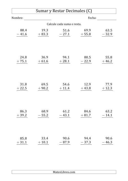 La hoja de ejercicios de Sumar y Restar Décimas con Dos Dígitos delante del Decimal (rango de 10,1 a 99,9) (C)