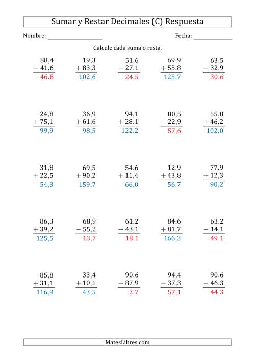 La hoja de ejercicios de Sumar y Restar Décimas con Dos Dígitos delante del Decimal (rango de 10,1 a 99,9) (C) Página 2