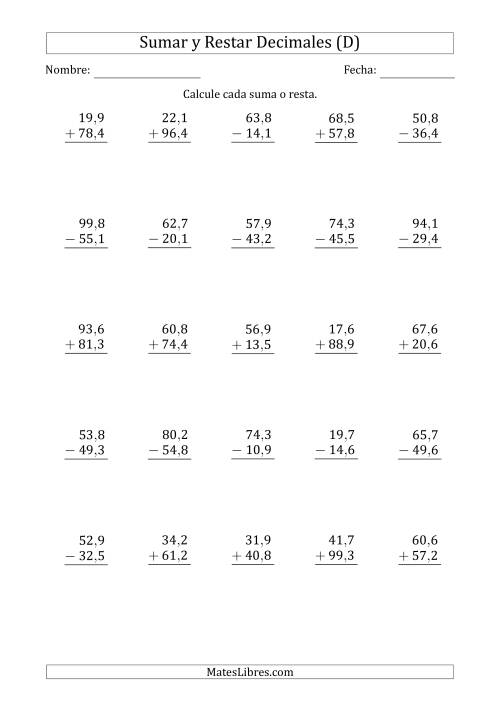 La hoja de ejercicios de Sumar y Restar Décimas con Dos Dígitos delante del Decimal (rango de 10,1 a 99,9) (D)