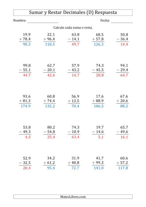 La hoja de ejercicios de Sumar y Restar Décimas con Dos Dígitos delante del Decimal (rango de 10,1 a 99,9) (D) Página 2
