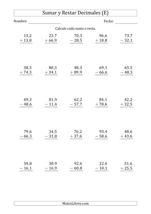 La hoja de ejercicios de Sumar y Restar Décimas con Dos Dígitos delante del Decimal (rango de 10,1 a 99,9) (E)