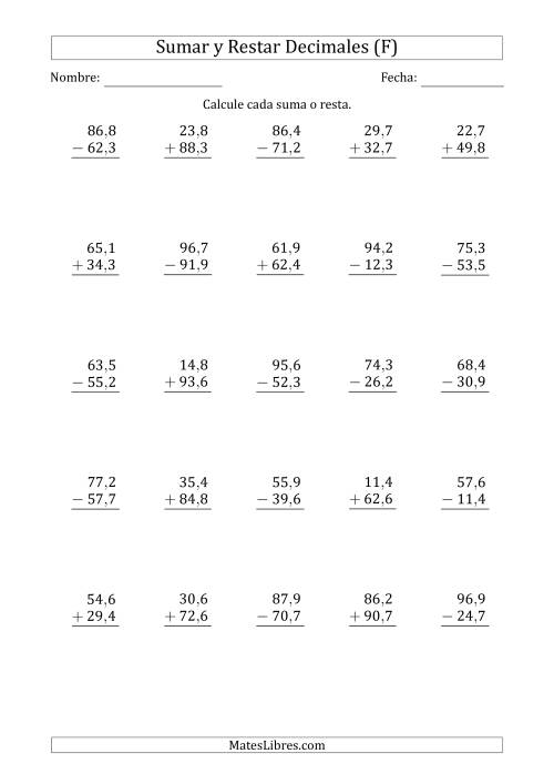 La hoja de ejercicios de Sumar y Restar Décimas con Dos Dígitos delante del Decimal (rango de 10,1 a 99,9) (F)