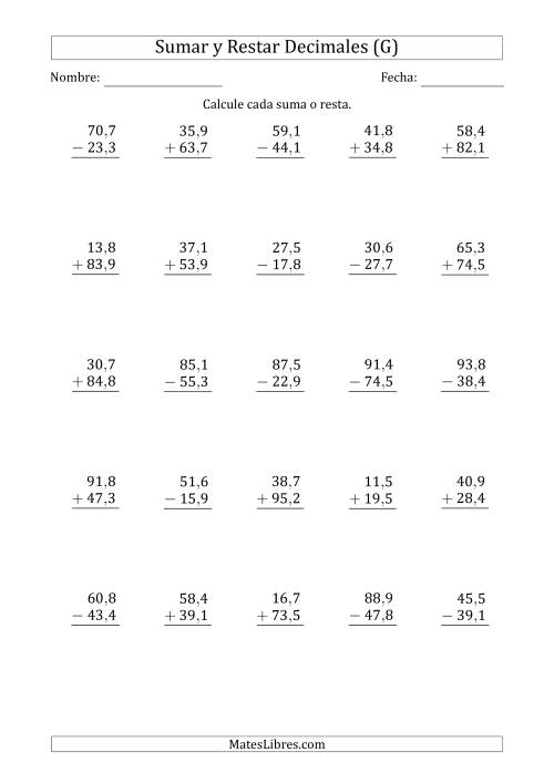 La hoja de ejercicios de Sumar y Restar Décimas con Dos Dígitos delante del Decimal (rango de 10,1 a 99,9) (G)