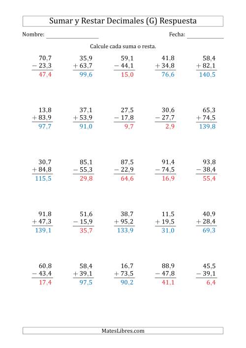 La hoja de ejercicios de Sumar y Restar Décimas con Dos Dígitos delante del Decimal (rango de 10,1 a 99,9) (G) Página 2