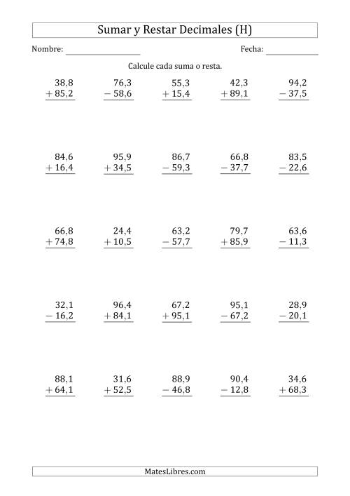 La hoja de ejercicios de Sumar y Restar Décimas con Dos Dígitos delante del Decimal (rango de 10,1 a 99,9) (H)