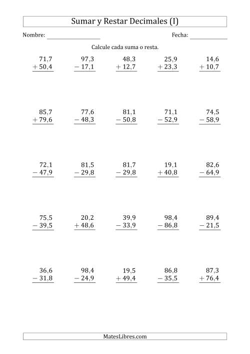 La hoja de ejercicios de Sumar y Restar Décimas con Dos Dígitos delante del Decimal (rango de 10,1 a 99,9) (I)