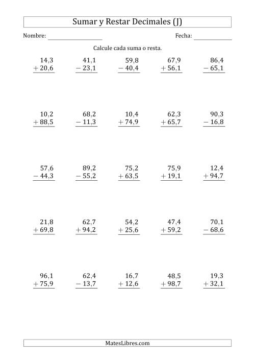La hoja de ejercicios de Sumar y Restar Décimas con Dos Dígitos delante del Decimal (rango de 10,1 a 99,9) (J)