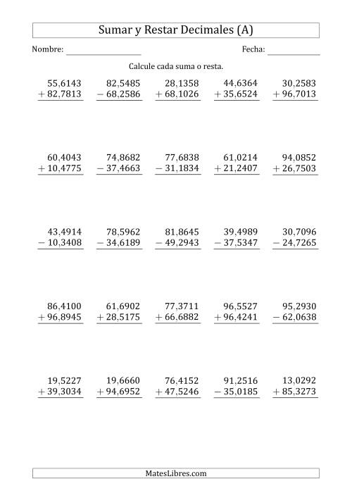 La hoja de ejercicios de Sumar y Restar Diezmilésimas con Dos Dígitos delante del Decimal (rango de 10,0001 a 99,9999) (A)
