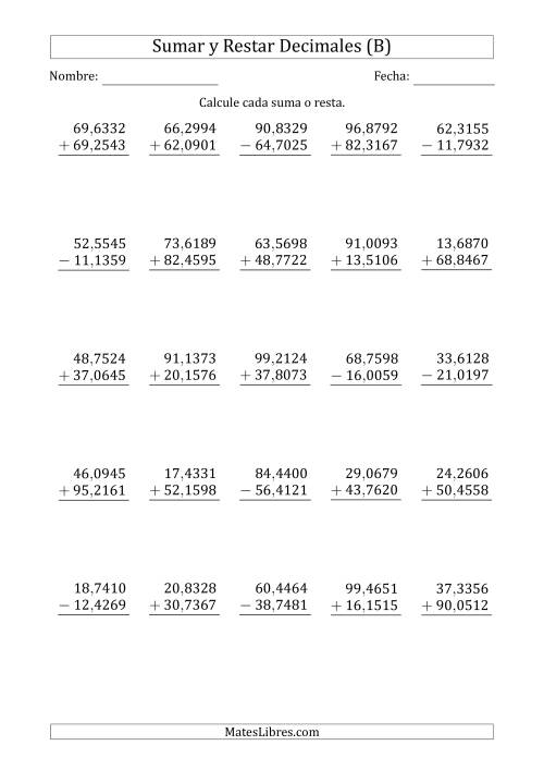 La hoja de ejercicios de Sumar y Restar Diezmilésimas con Dos Dígitos delante del Decimal (rango de 10,0001 a 99,9999) (B)