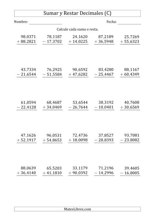 La hoja de ejercicios de Sumar y Restar Diezmilésimas con Dos Dígitos delante del Decimal (rango de 10,0001 a 99,9999) (C)