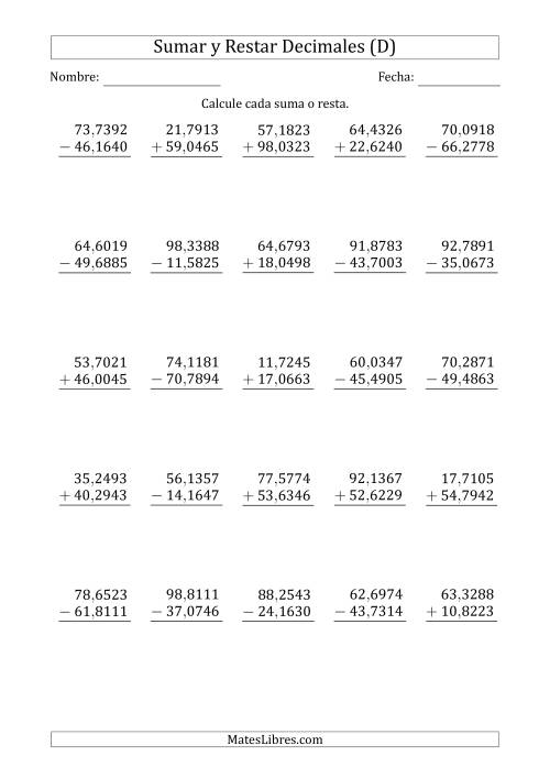 La hoja de ejercicios de Sumar y Restar Diezmilésimas con Dos Dígitos delante del Decimal (rango de 10,0001 a 99,9999) (D)