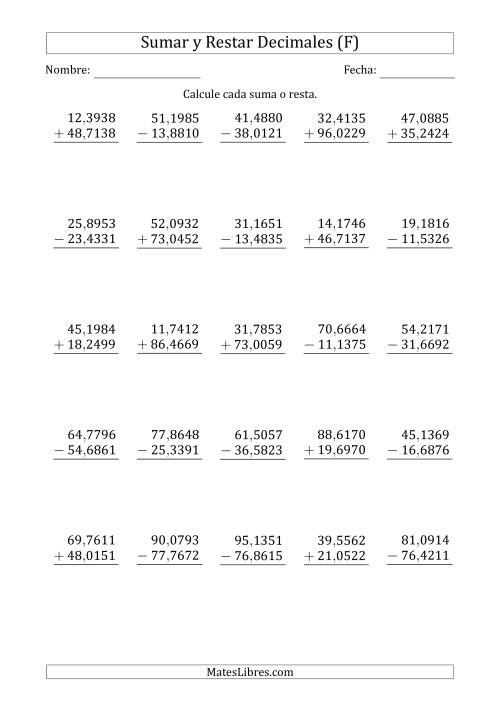 La hoja de ejercicios de Sumar y Restar Diezmilésimas con Dos Dígitos delante del Decimal (rango de 10,0001 a 99,9999) (F)
