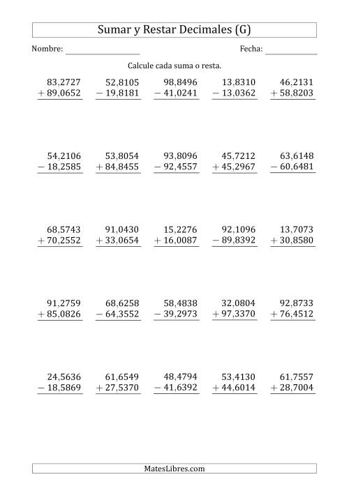 La hoja de ejercicios de Sumar y Restar Diezmilésimas con Dos Dígitos delante del Decimal (rango de 10,0001 a 99,9999) (G)