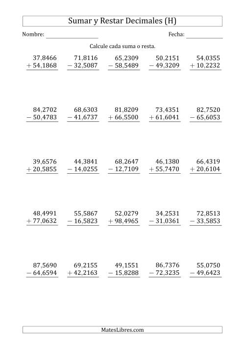 La hoja de ejercicios de Sumar y Restar Diezmilésimas con Dos Dígitos delante del Decimal (rango de 10,0001 a 99,9999) (H)