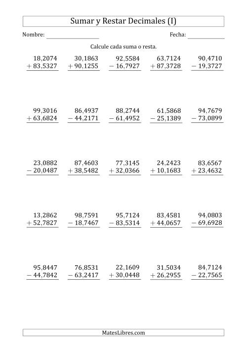 La hoja de ejercicios de Sumar y Restar Diezmilésimas con Dos Dígitos delante del Decimal (rango de 10,0001 a 99,9999) (I)