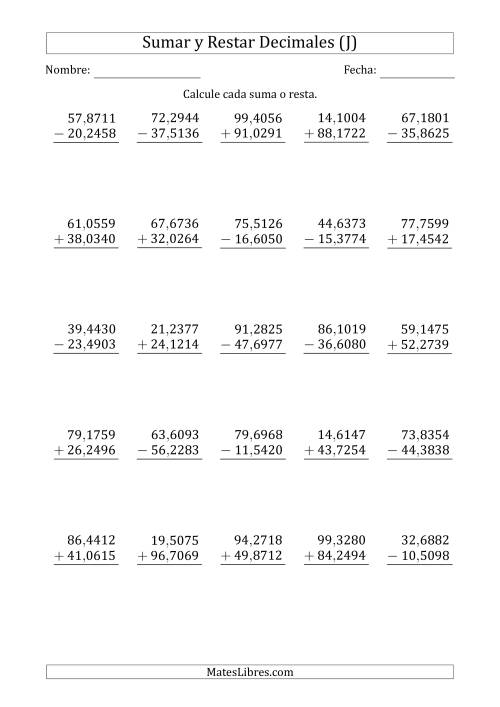 La hoja de ejercicios de Sumar y Restar Diezmilésimas con Dos Dígitos delante del Decimal (rango de 10,0001 a 99,9999) (J)