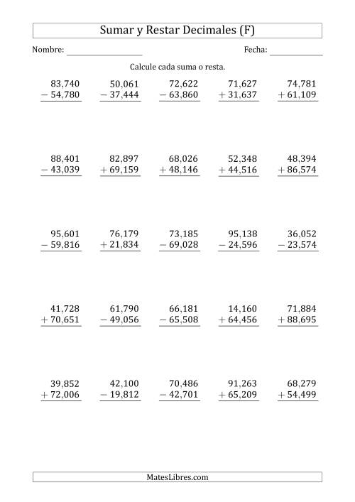 La hoja de ejercicios de Sumar y Restar Milésimas con Dos Dígitos delante del Decimal (rango de 10,001 a 99,999) (F)