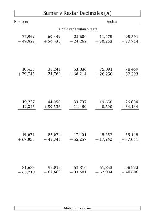 La hoja de ejercicios de Sumar y Restar Milésimas con Dos Dígitos delante del Decimal (rango de 10,001 a 99,999) (Todas)