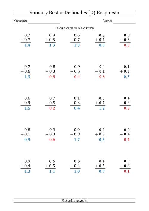 La hoja de ejercicios de Sumar y Restar Décimas con 0 delante del Decimal (rango de 0,1 a 0,9) (D) Página 2