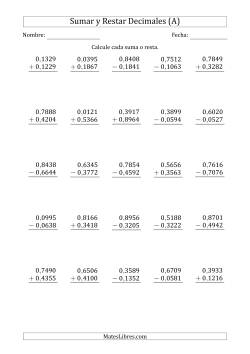 Sumar y Restar Diezmilésimas con 0 delante del Decimal (rango de 0,0001 a 0,9999)