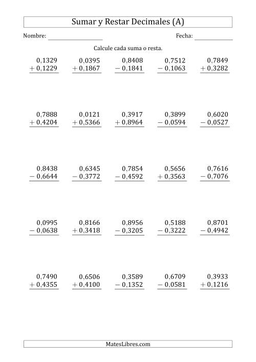 La hoja de ejercicios de Sumar y Restar Diezmilésimas con 0 delante del Decimal (rango de 0,0001 a 0,9999) (A)