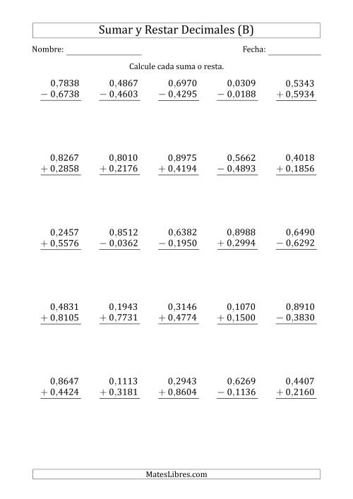 La hoja de ejercicios de Sumar y Restar Diezmilésimas con 0 delante del Decimal (rango de 0,0001 a 0,9999) (B)