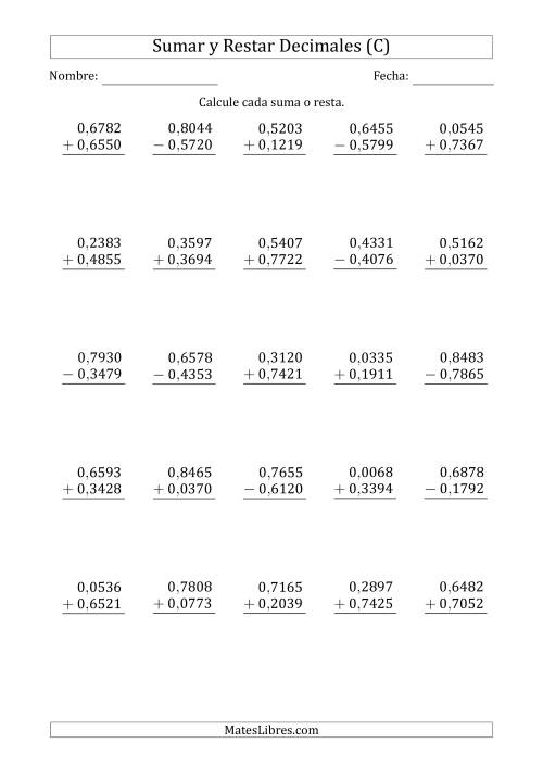 La hoja de ejercicios de Sumar y Restar Diezmilésimas con 0 delante del Decimal (rango de 0,0001 a 0,9999) (C)