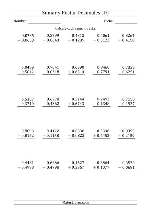 La hoja de ejercicios de Sumar y Restar Diezmilésimas con 0 delante del Decimal (rango de 0,0001 a 0,9999) (D)