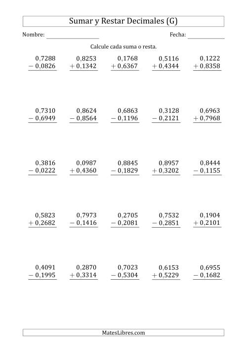 La hoja de ejercicios de Sumar y Restar Diezmilésimas con 0 delante del Decimal (rango de 0,0001 a 0,9999) (G)