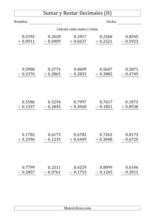 La hoja de ejercicios de Sumar y Restar Diezmilésimas con 0 delante del Decimal (rango de 0,0001 a 0,9999) (H)