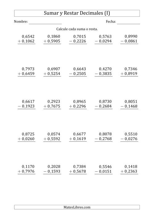 La hoja de ejercicios de Sumar y Restar Diezmilésimas con 0 delante del Decimal (rango de 0,0001 a 0,9999) (I)