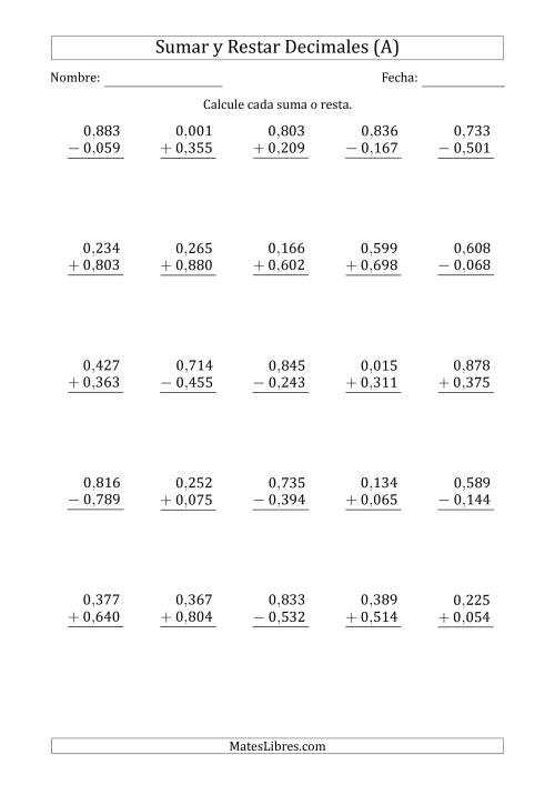 La hoja de ejercicios de Sumar y Restar Milésimas con 0 delante del Decimal (rango de 0,001 a 0,999) (A)
