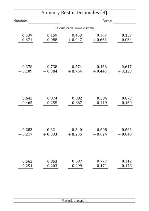 La hoja de ejercicios de Sumar y Restar Milésimas con 0 delante del Decimal (rango de 0,001 a 0,999) (B)