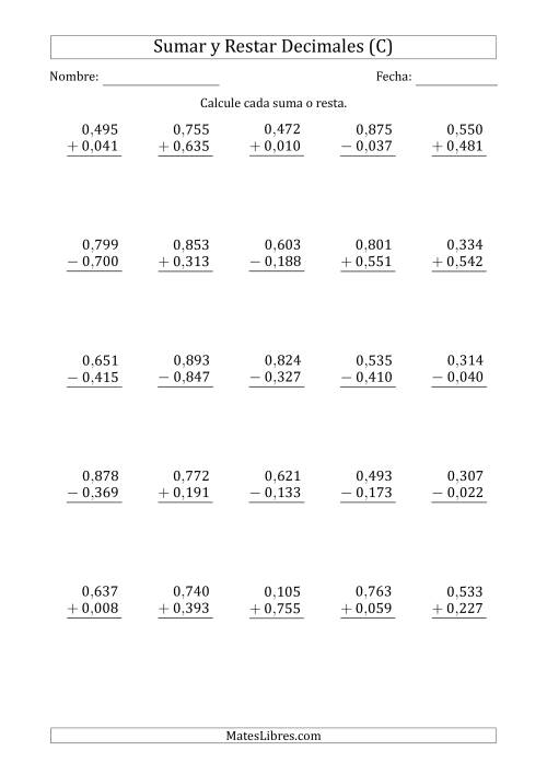 La hoja de ejercicios de Sumar y Restar Milésimas con 0 delante del Decimal (rango de 0,001 a 0,999) (C)
