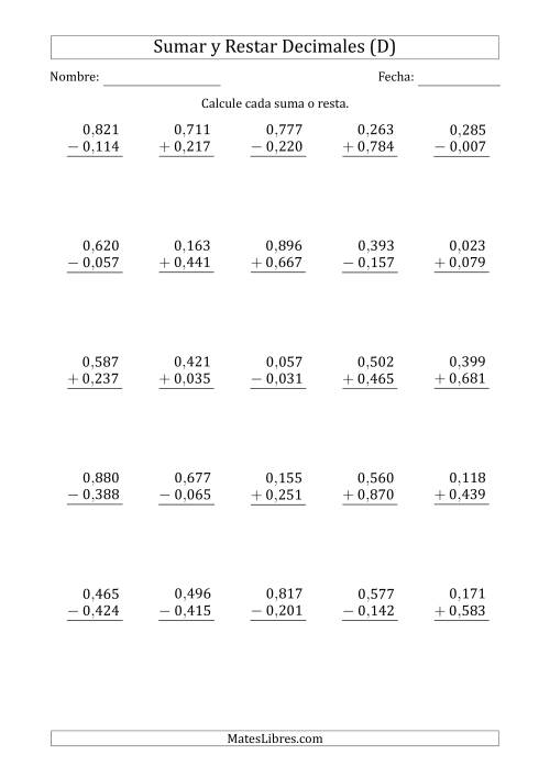 La hoja de ejercicios de Sumar y Restar Milésimas con 0 delante del Decimal (rango de 0,001 a 0,999) (D)