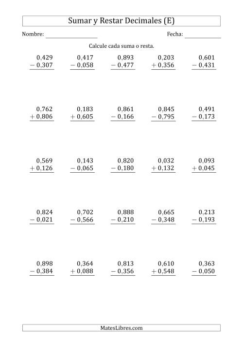 La hoja de ejercicios de Sumar y Restar Milésimas con 0 delante del Decimal (rango de 0,001 a 0,999) (E)