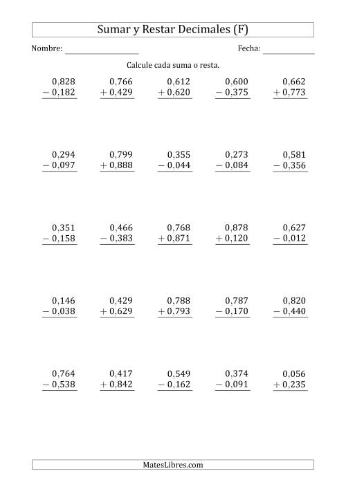 La hoja de ejercicios de Sumar y Restar Milésimas con 0 delante del Decimal (rango de 0,001 a 0,999) (F)