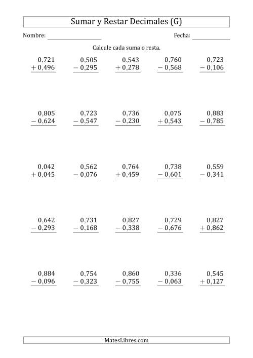 La hoja de ejercicios de Sumar y Restar Milésimas con 0 delante del Decimal (rango de 0,001 a 0,999) (G)