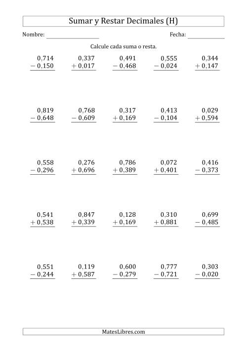 La hoja de ejercicios de Sumar y Restar Milésimas con 0 delante del Decimal (rango de 0,001 a 0,999) (H)