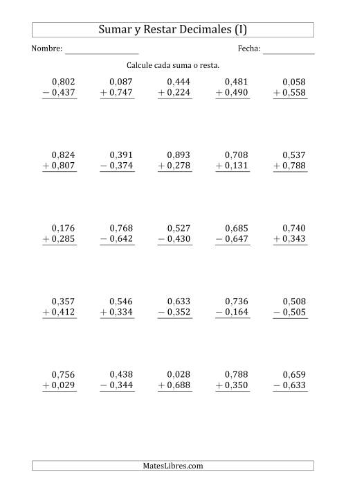 La hoja de ejercicios de Sumar y Restar Milésimas con 0 delante del Decimal (rango de 0,001 a 0,999) (I)