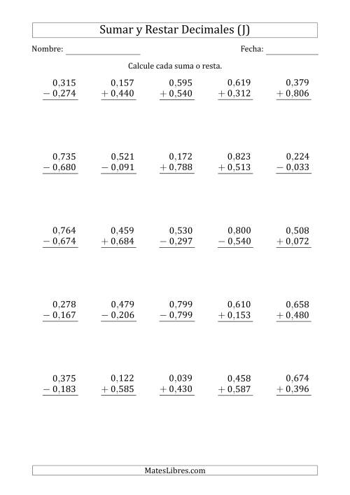 La hoja de ejercicios de Sumar y Restar Milésimas con 0 delante del Decimal (rango de 0,001 a 0,999) (J)