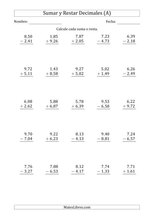 La hoja de ejercicios de Sumar y Restar Centésimas con Un Dígito delante del Decimal (rango de 1,01 a 9,99) (A)