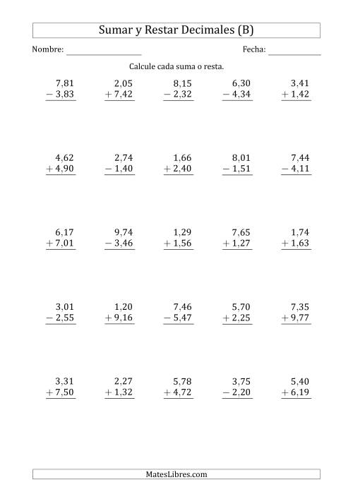 La hoja de ejercicios de Sumar y Restar Centésimas con Un Dígito delante del Decimal (rango de 1,01 a 9,99) (B)