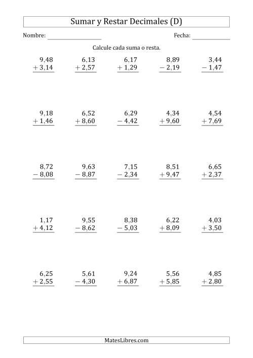 La hoja de ejercicios de Sumar y Restar Centésimas con Un Dígito delante del Decimal (rango de 1,01 a 9,99) (D)