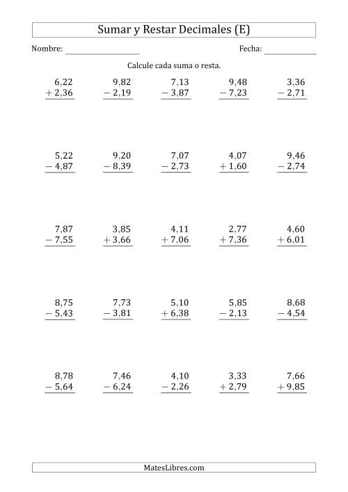 La hoja de ejercicios de Sumar y Restar Centésimas con Un Dígito delante del Decimal (rango de 1,01 a 9,99) (E)