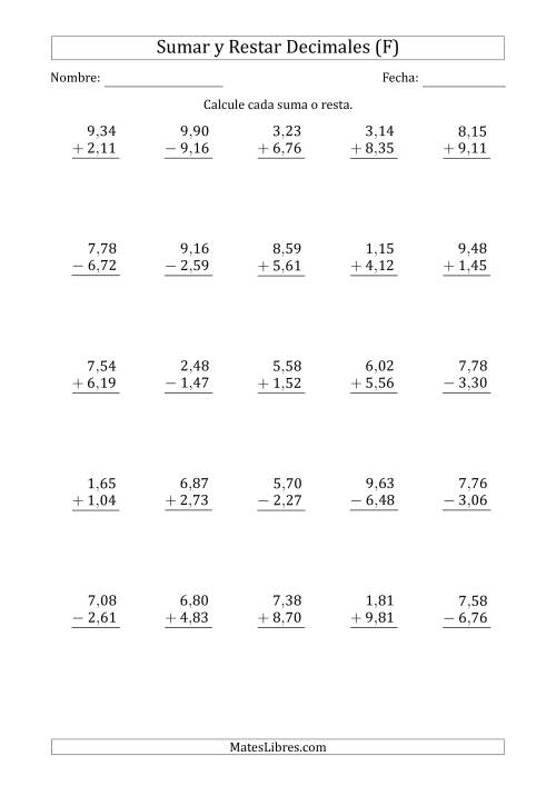 La hoja de ejercicios de Sumar y Restar Centésimas con Un Dígito delante del Decimal (rango de 1,01 a 9,99) (F)